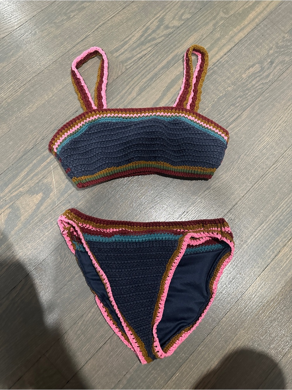 ZARA women’s medium Navy Crochet-Trim Bikini Set with Pink Accent